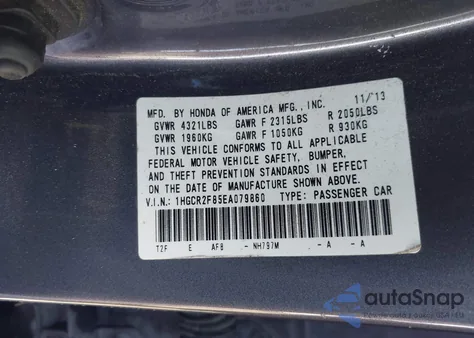 2014 Honda Accord Ex-L z USA, uszkodzony, nr VIN 1HGCR2F85EA079860